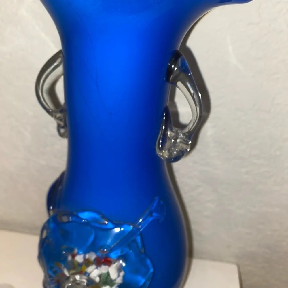 Vintage Hand Blown Confetti Fused Plum Blossom Cobalt Blue Glass MCM Vase 9.5”H